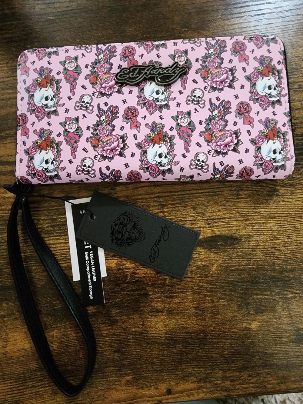 Ed Hardy Pink Skull & Rose Zip Wallet Wristlet